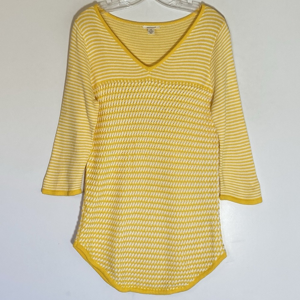 Westbound Sweater Womens Small Yellow White Stripe 3/4 Sleeve Lightweight Casual